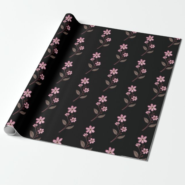 Cherry Blossom Wrapping Paper - Black Pattern (Unrolled)