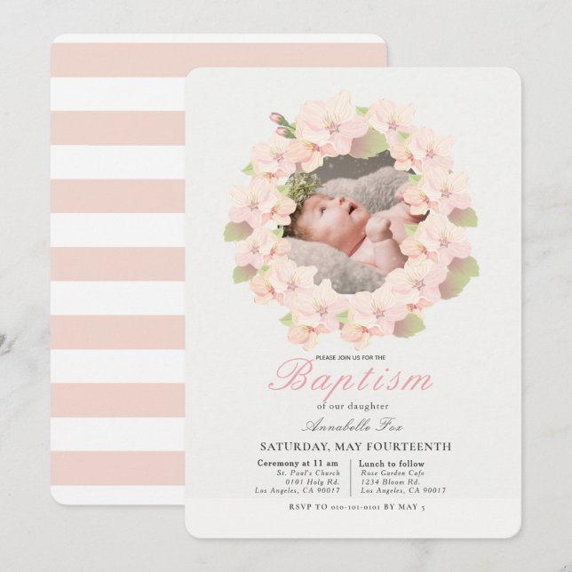 Cherry Blossom Wreath Floral Girl Photo Baptism Invitation (Front/Back)