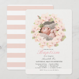 Cherry Blossom Wreath Floral Girl Photo Baptism Invitation