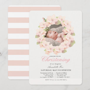 Cherry Blossom Wreath Floral Photo Christening Invitation