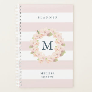 Cherry Blossom Wreath Monogram Pink Stripe Planner