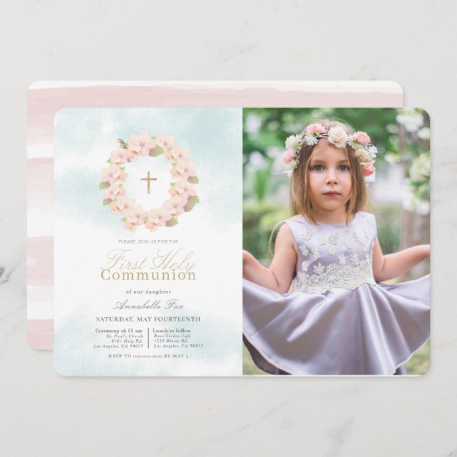 Cherry Blossom Wreath Photo First Holy Communion Invitation (Front/Back)