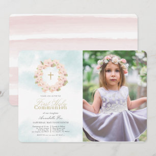 Cherry Blossom Wreath Photo First Holy Communion Invitation