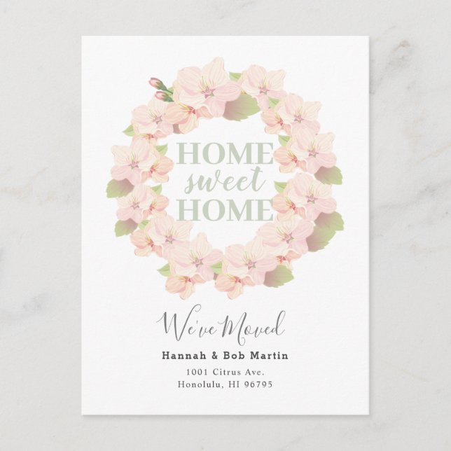 Cherry Blossom Wreath Pink & White Moving Announcement Postcard (Front)