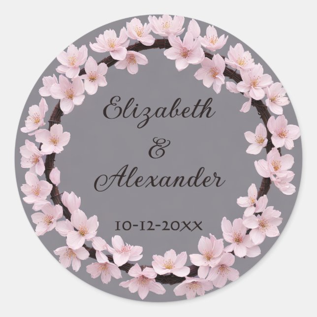 Cherry Blossom Wreath with Names and Wedding Date Classic Round Sticker (Front)