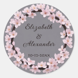 Cherry Blossom Wreath with Names and Wedding Date Classic Round Sticker