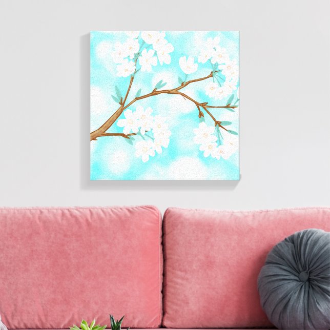 Cherry Blossoms against blue sky with clouds Canvas Print (Insitu(LivingRoom))