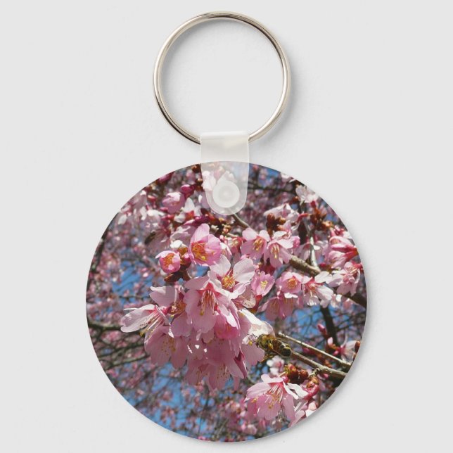 Cherry Blossoms and Bee Pink Spring Flowers Key Ring (Front)