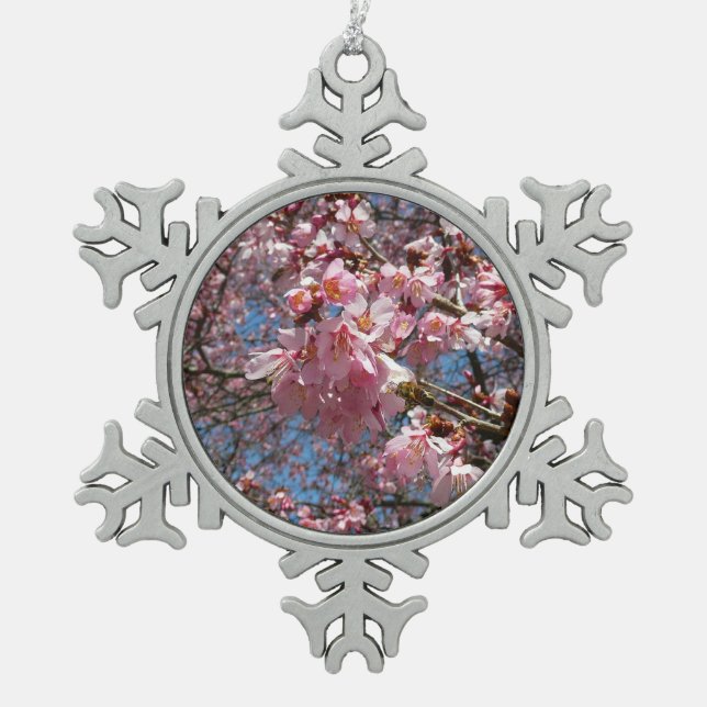 Cherry Blossoms and Bee Pink Spring Flowers Snowflake Pewter Christmas Ornament (Front)