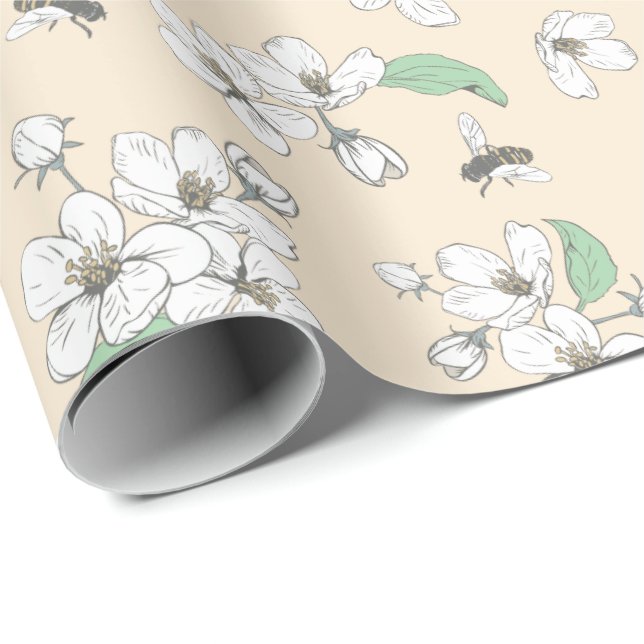 Cherry Blossoms and Bees Antique White Seamless Wrapping Paper (Roll Corner)