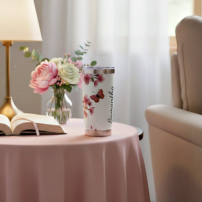 Cherry blossoms and butterflies personalised insulated tumbler (Creator Uploaded)