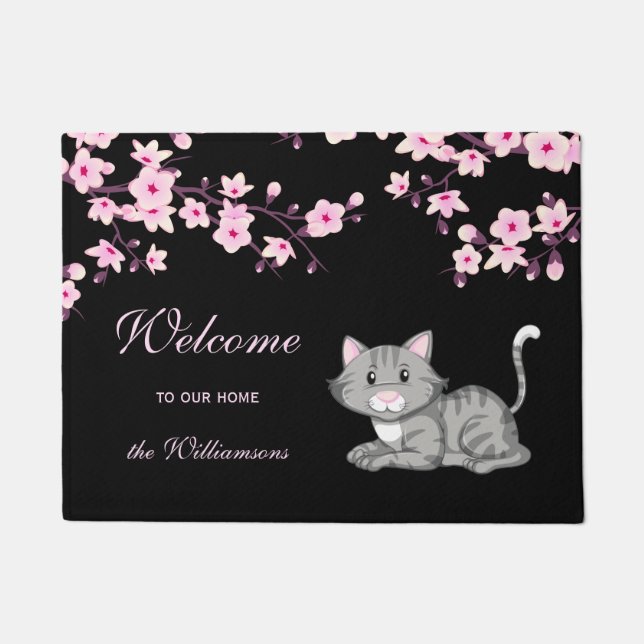 Cherry Blossoms And Cat Pink Black Welcome Doormat (Front)