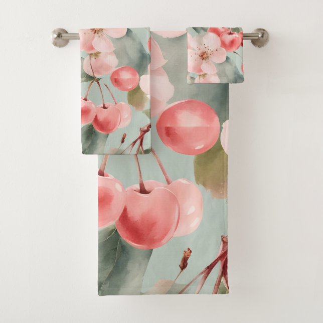 Cherry Blossoms and cherries Spring Art  Bath Towel Set (Insitu)