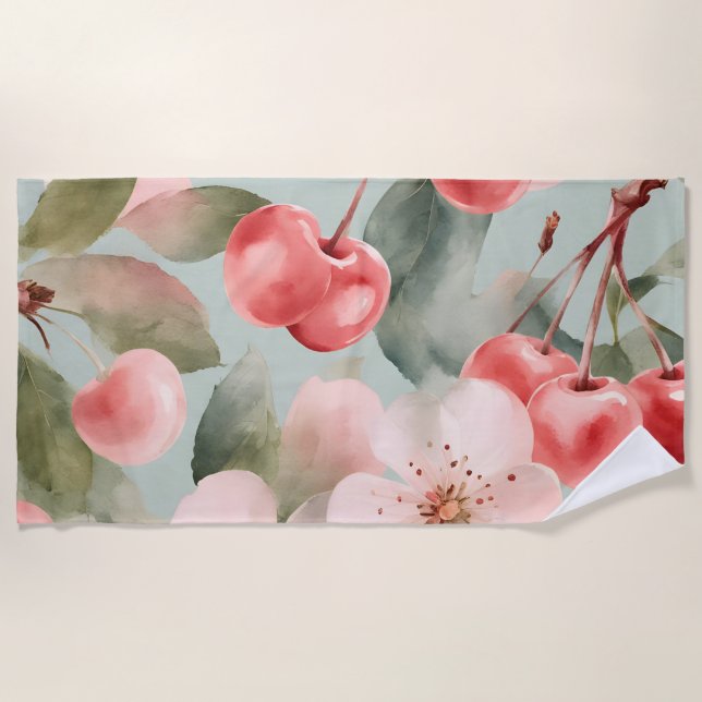 Cherry Blossoms and cherries Spring Art  Beach Towel (Front)