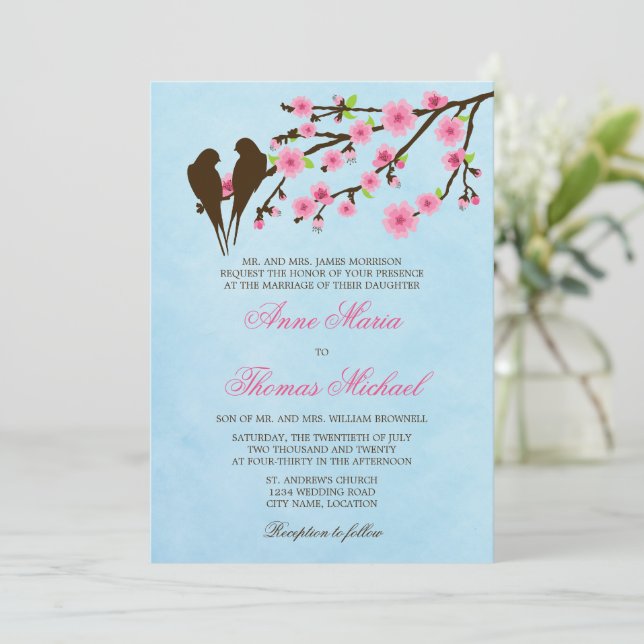 Cherry Blossoms and Love Birds Wedding Invitation (Standing Front)