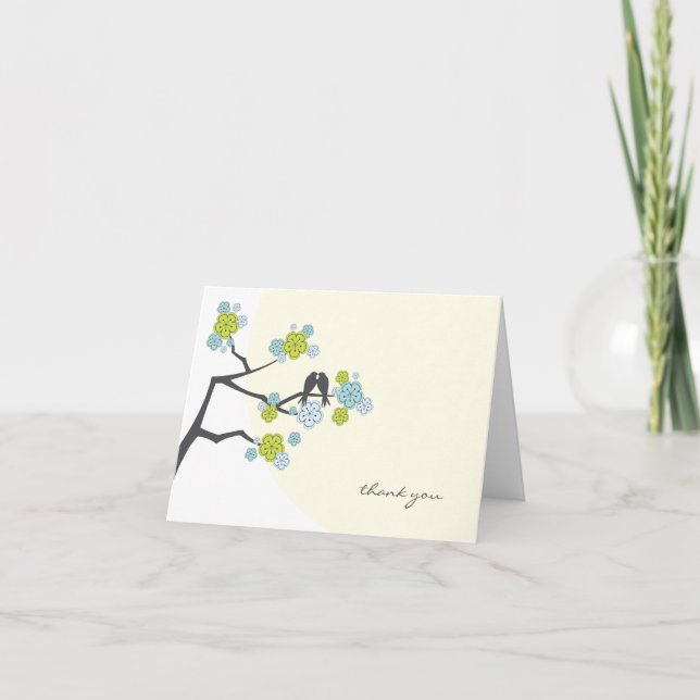 Cherry Blossoms And Love Birds Whimsical Wedding Thank You Card (Front)