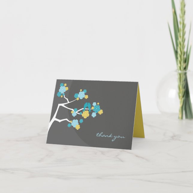 Cherry Blossoms And Love Birds Whimsical Wedding Thank You Card (Front)