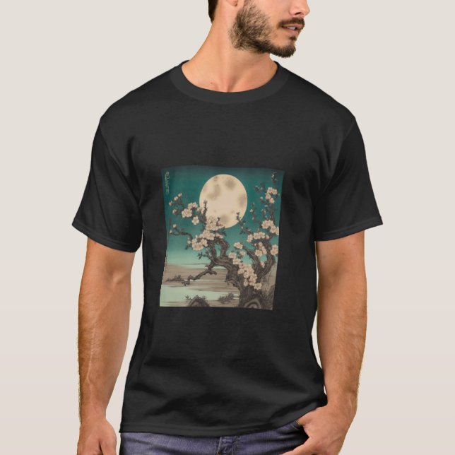 Cherry Blossoms and Moonlight Japanese Art T-Shirt (Front)