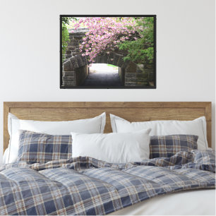 Cherry Blossoms and Stone Bridge Photo Canvas Print