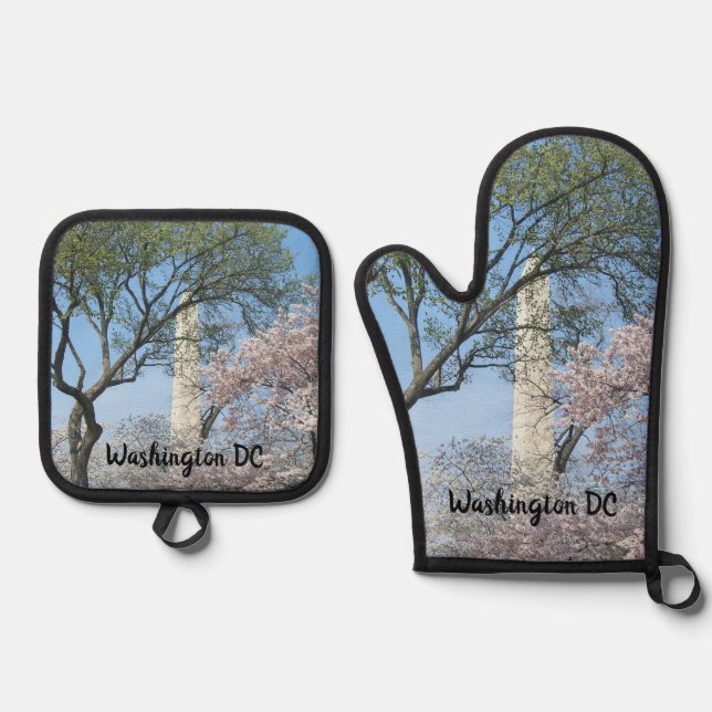 Cherry Blossoms and the Washington Monument in DC Oven Mitt & Pot Holder Set (Front)