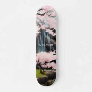  Cherry Blossoms And Waterfall   Monogram  Skateboard