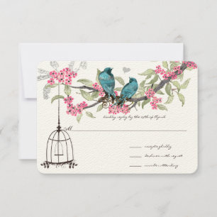 Cherry Blossoms Aqua Birds and Birdcage RSVP