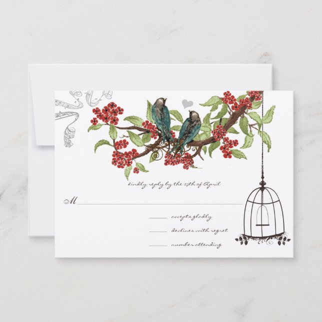 Cherry Blossoms Aqua Birds and Birdcage RSVP Card (Front)