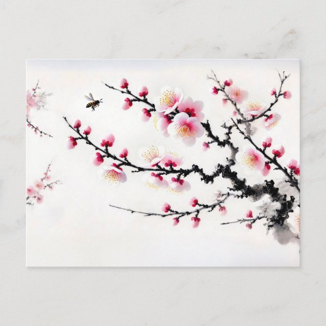 Cherry Blossoms Asian Ink Painting Holiday Postcard (Front)