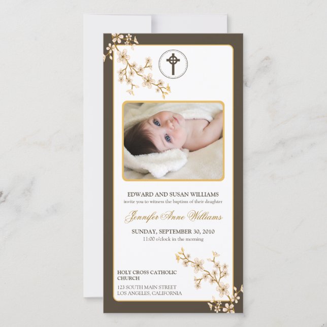 Cherry Blossoms Baptism Announcement (gold) (Front)