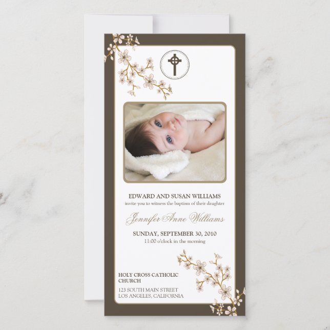 Cherry Blossoms Baptism Announcement (taupe) (Front)