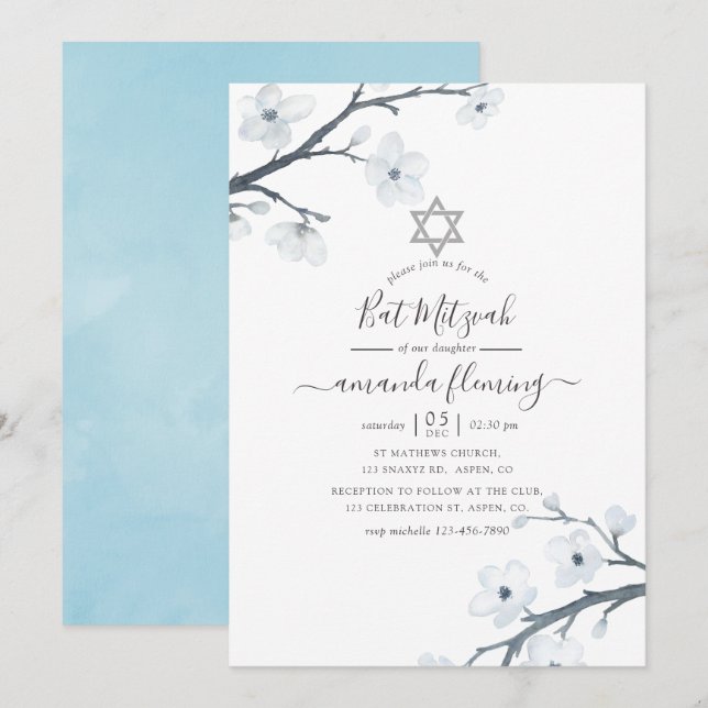 Cherry Blossoms Bat Mitzvah Invitation (Front/Back)
