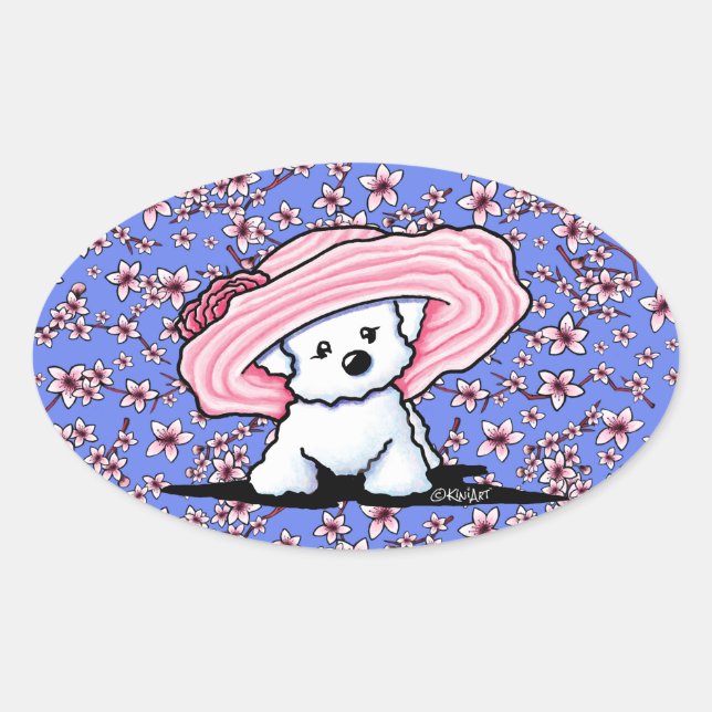 Cherry Blossoms Bichon Oval Sticker (Front)