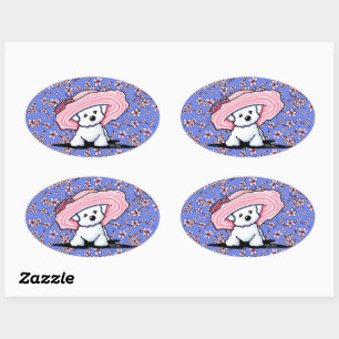 Cherry Blossoms Bichon Oval Sticker