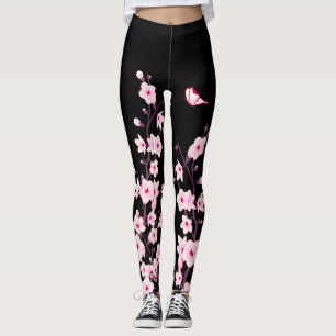 Cherry Blossoms Black Pink Floral Leggings