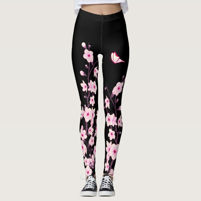 Cherry Blossoms | Black Pink Floral Leggings (Front)