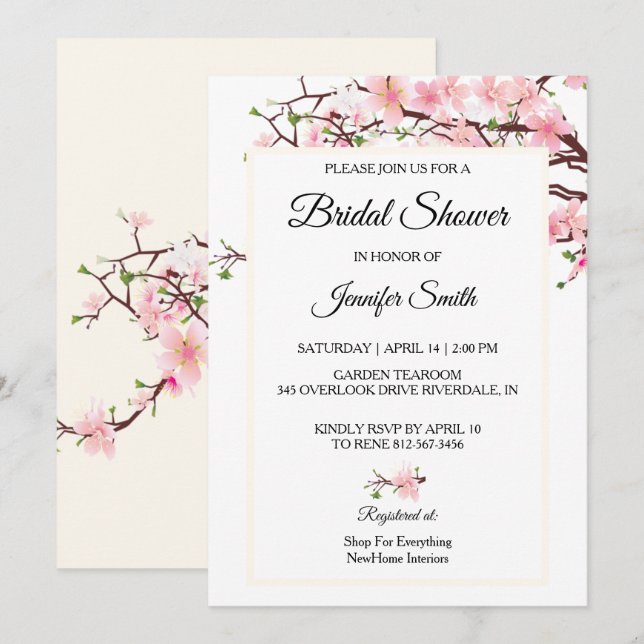 Cherry Blossoms Bridal Shower Pink Beige Card (Front/Back)