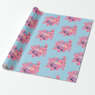 Cherry Blossoms by Mount Fuji in blue Wrapping Paper