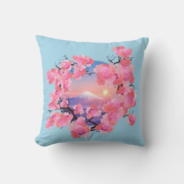 Cherry Blossoms by Mount Fuji Throw Pillow (Front)