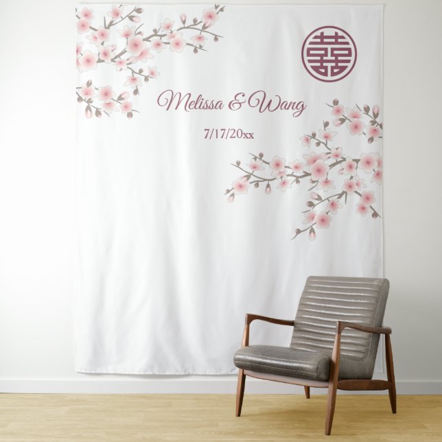 Cherry Blossoms Chinese Wedding Backdrop Tapestry (In Situ)