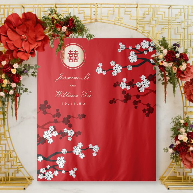 Cherry Blossoms Chinese Wedding Red Photo Backdrop Tapestry (White Cherry Blossoms Gold Double Happiness, Chinese Wedding Backdrop Tapestry @ fatfatin_red_knot)