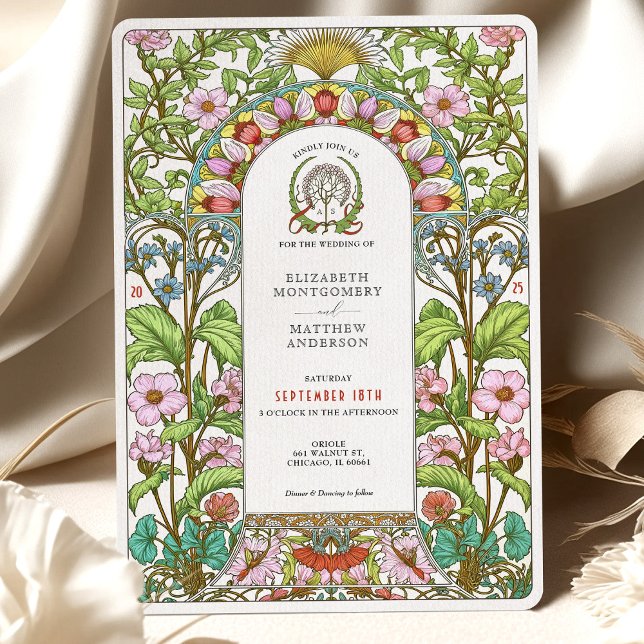 Cherry Blossoms & Cornflowers Art Nouveau Wedding Invitation (Creator Uploaded)