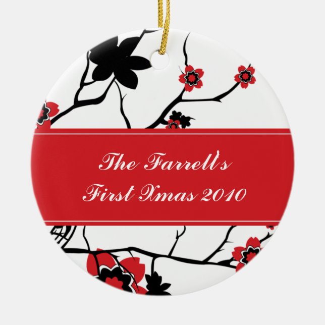 Cherry Blossoms Couples 1st Christmas Ceramic Tree Decoration (Front)