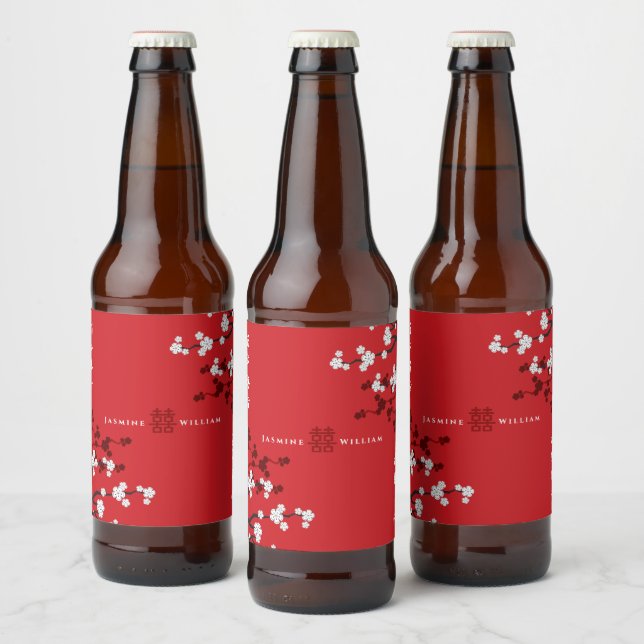 Cherry Blossoms Double Happiness Chinese Wedding Beer Bottle Label (Bottles)