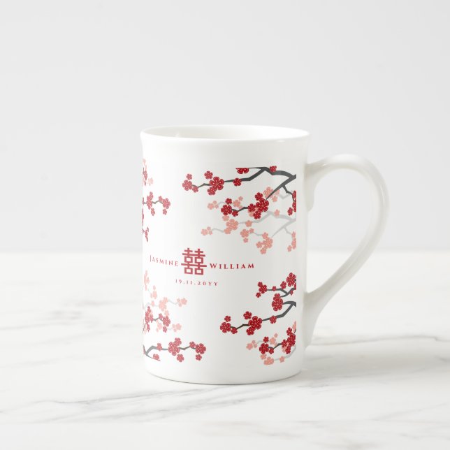 Cherry Blossoms & Double Happiness Chinese Wedding Bone China Mug (Right)