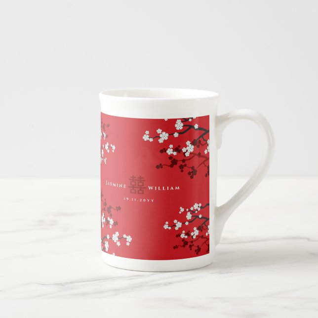 Cherry Blossoms & Double Happiness Chinese Wedding Bone China Mug (Right)