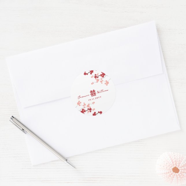 Cherry Blossoms Double Happiness Chinese Wedding Classic Round Sticker (Envelope)