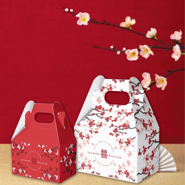 Cherry Blossoms & Double Happiness Chinese Wedding Favour Box (Red/White Cherry Blossoms Double Happiness Chinese Wedding Party Favor Boxes @ fatfatin_red_knot)
