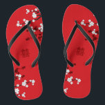 Cherry Blossoms & Double Happiness Chinese Wedding Flip Flops<br><div class="desc">White Cherry Blossoms Or Sakura Spring Flowers On Red With Modern Double Happiness Chinese Wedding Flip Flops. Oriental red and white cherry blossoms or sakura flowers with double happiness symbol. An elegant and romantic asian themed wedding design which is modern and classy. Cherry blossoms bloom in spring and symbolise new...</div>