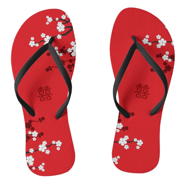 Cherry Blossoms & Double Happiness Chinese Wedding Flip Flops (Footbed)