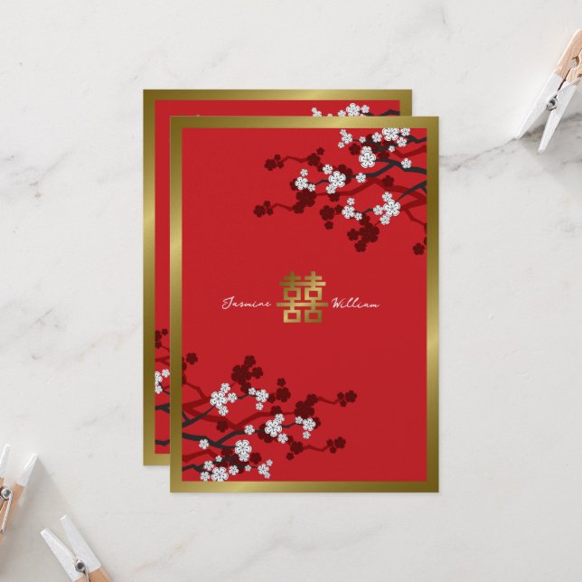 Cherry Blossoms Double Happiness Chinese Wedding Invitation (Front/Back In Situ)